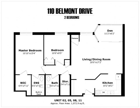 Floor plan for 2 beds, 2 baths, 1136 sqft